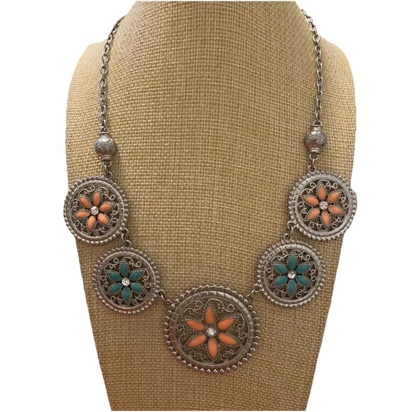 ETC! Necklace Statement bib silver tone floral medallions peach turquoise - Picture 1 of 2